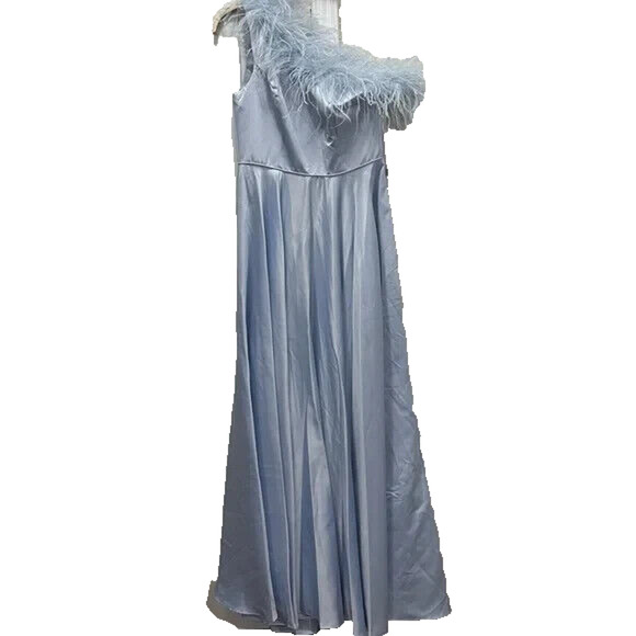 MAC DUGGAL 11684 SZ 14 ONE SHOULDER A-LINE GOWN WITH FEATHER DETAIL BLUE - Picture 5 of 6